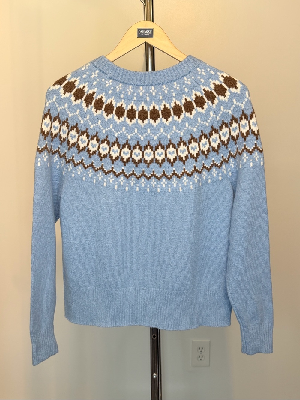 NEW LOFT Fair Isle Crewneck Sweater Sky Blue White Brown Women’s Size S - Picture 5 of 8